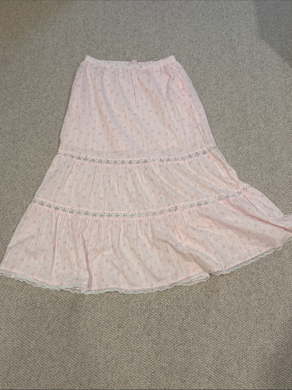 LoveShackFancy Pale Pink Tiered Maxi Skirt with Lace Trim